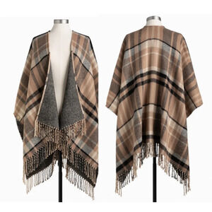 Reversible Plaid Camel and Black One Size Fits Most Acrylic Wrap Kimono Demdaco
